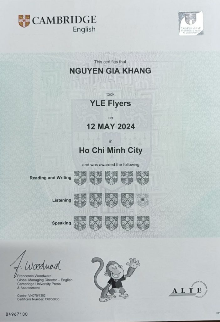 Chứng chỉ Flyers của Sóc No No (Nguyễn Gia Khang) - 14/15 khiên